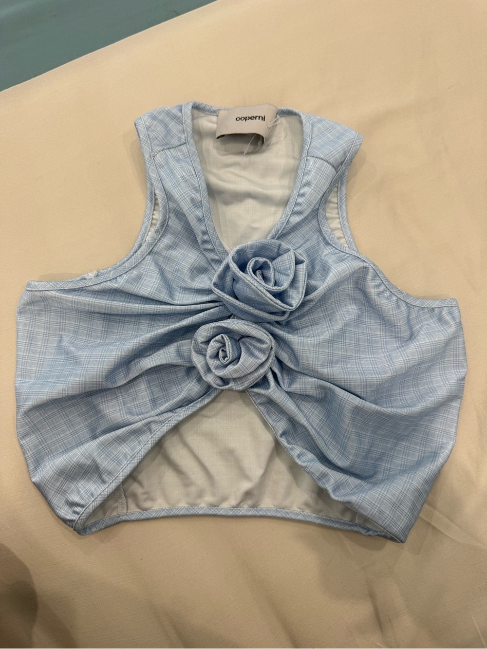 Coperni Light Blue Floral Knot Crop Top